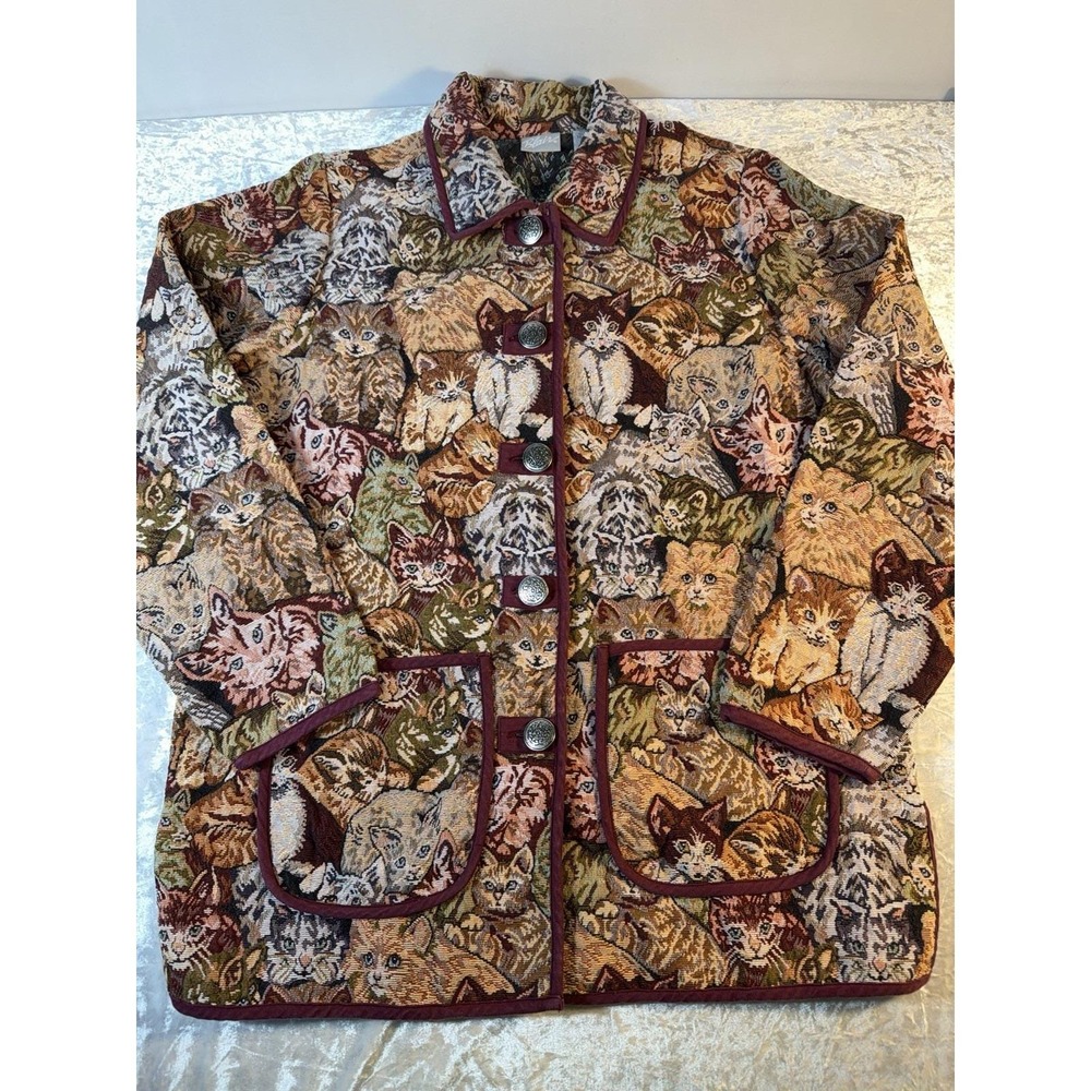 Vintage 90s Blair Cat Tapestry Jacket Womens M Kitty Gobelin Cottagecore